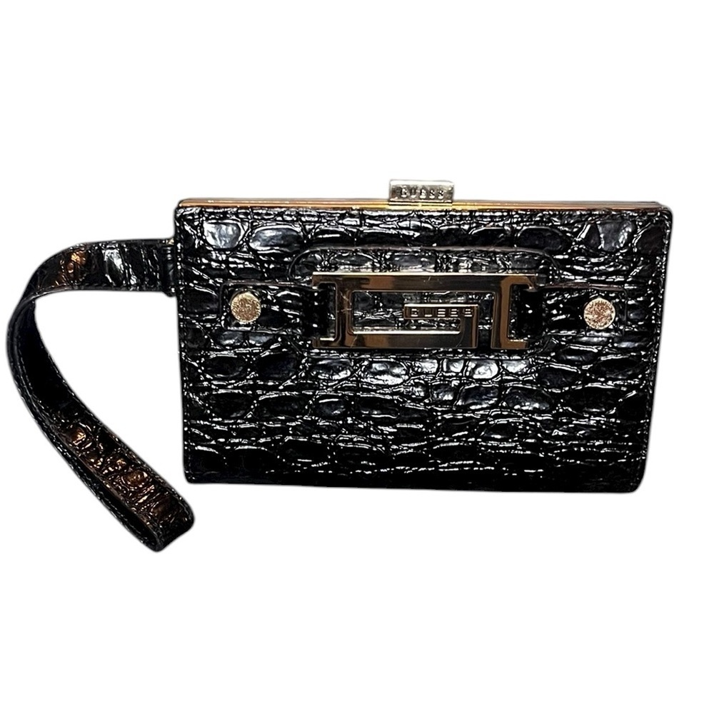Vintage 2000s Guess Logo Wristlet Purse | Glossy Croc Texture Sleek